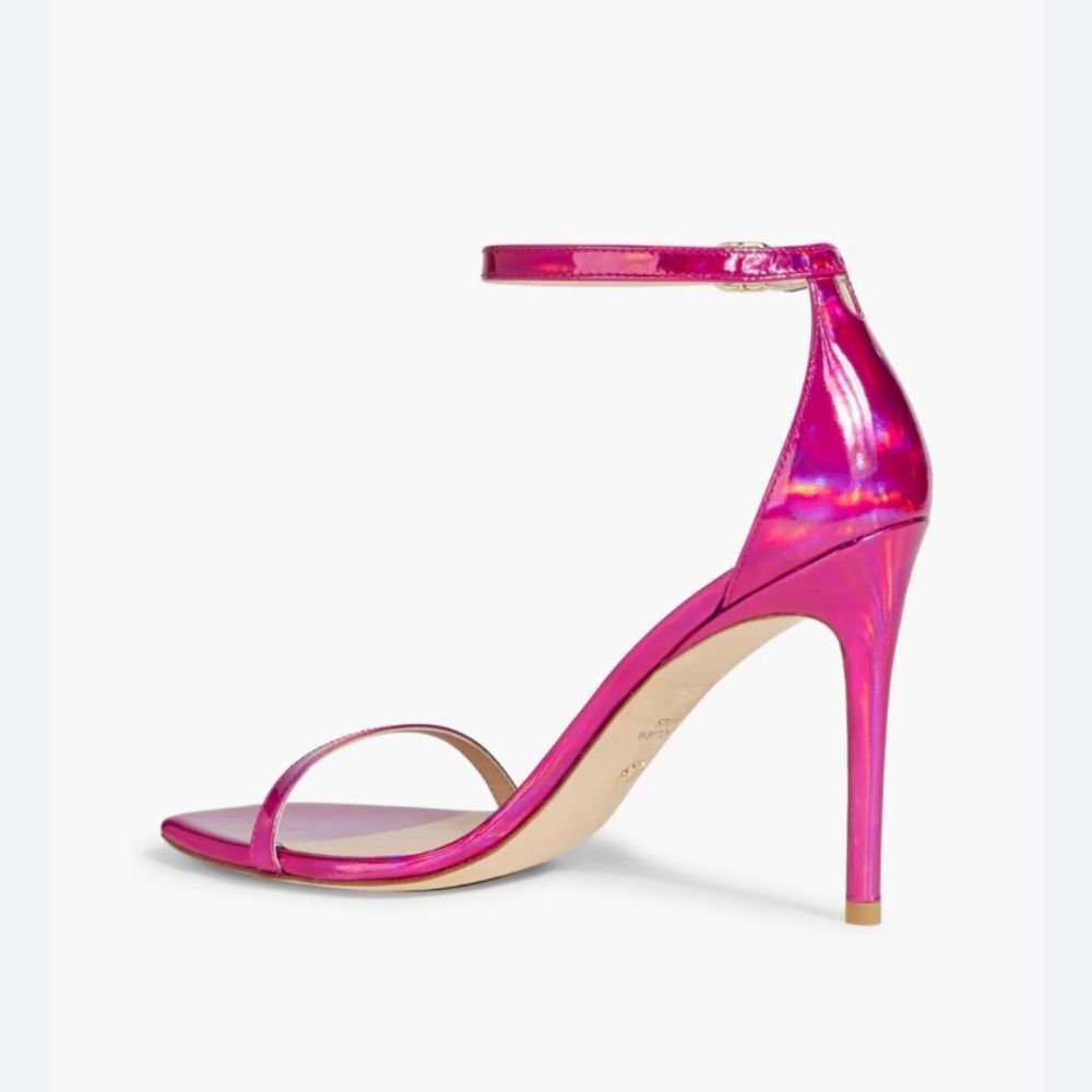 STUART WEITZMAN Sandal Nudist NEW Iridescent Patent Leather 4.5” Stiletto Pink 9 - Picture 3 of 16
